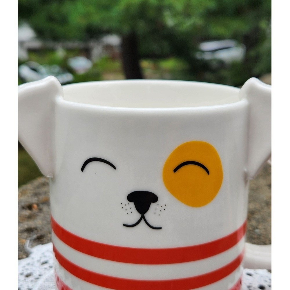 Parker Lane Winking Dog Mug 3D Ears Red White Striped Stoneware Ceramic 16oz